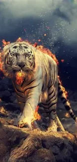 Fierce tiger with flames in a dynamic scene.