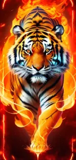 Majestic tiger with fiery flames in vivid mobile wallpaper design.