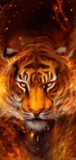 Fiery tiger head in flames mobile wallpaper.