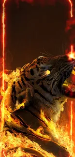 Roaring tiger engulfed in flames on a dark background.