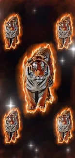 Fiery tiger design on mobile wallpaper with a dark background.