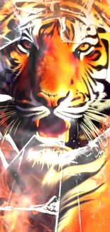 Fiery tiger with shattered glass effect on mobile wallpaper.