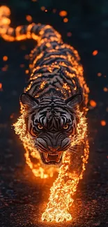 A majestic tiger with fiery fur charges forward.