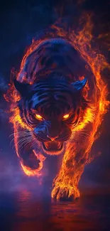 Fiery tiger with glowing eyes in digital art wallpaper.