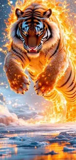 Fiery tiger leaping forward in flames on ice.