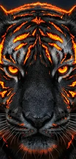 Fiery tiger with glowing orange stripes on a dark background.