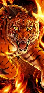 Fiery tiger leaping through flames in vibrant orange hue.