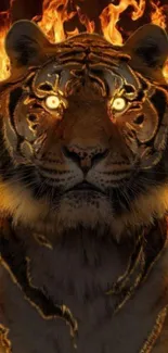 A majestic tiger with fiery eyes surrounded by flames, perfect for mobile wallpaper.