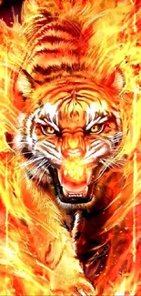 Fiery tiger mobile wallpaper with flames engulfing a roaring tiger.