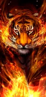 A fierce tiger with fiery orange flames surrounding it, creating a dynamic mobile wallpaper.