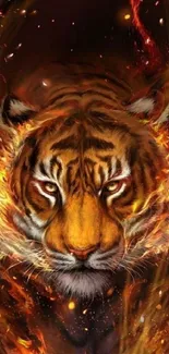 Fiery tiger surrounded by flames on a dramatic phone wallpaper.