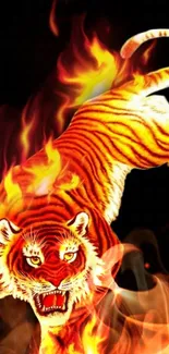 Fiery tiger jumping through flames in dynamic phone wallpaper.