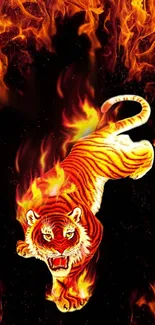 Fiery tiger leaping through flames on black background.