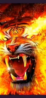 Fiery tiger head with flames design.