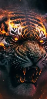 Fiery tiger with flames, intense energy.