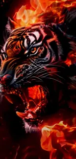 Fiery tiger roaring with intense flames.
