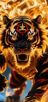 Fiery tiger roaring with flames in vibrant wallpaper design.