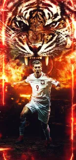 Soccer player with tiger in fiery backdrop wallpaper