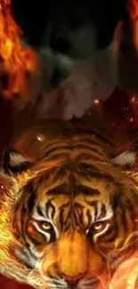 Fiery tiger with intense flames in the background