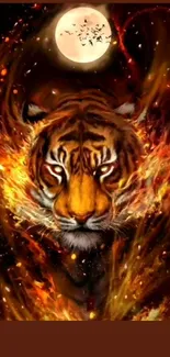 Fiery tiger surrounded by flames under a full moon.