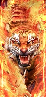 Fiery tiger surrounded by flames on mobile wallpaper.