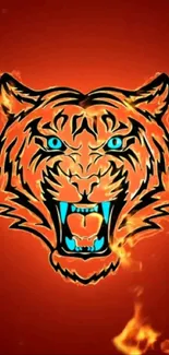 Fiery orange tiger head on a red background with blue eyes.