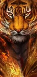 Fiery tiger artwork on mobile wallpaper.