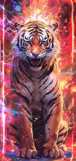 Illustrated tiger with fire background, ideal mobile wallpaper.