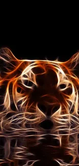 Fiery tiger glowing on a black background with artful reflections.