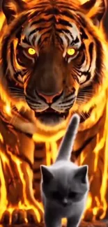 Fiery tiger with glowing eyes behind a cat walking forward.