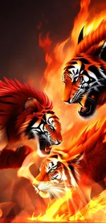 Fierce tigers in flames artistic wallpaper