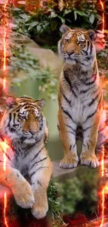 Two tigers in a lush jungle with fiery effects around them.