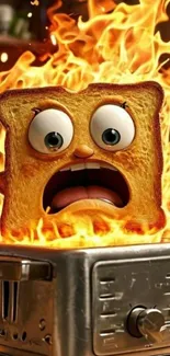 Fiery cartoon toast in a toaster flames