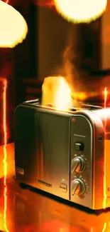 Artistic wallpaper of a toaster with vibrant orange flames.