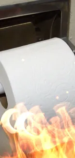 Toilet paper roll on fire, dynamic and vivid wallpaper design.