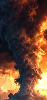 Fiery tornado cloud against sunset sky.