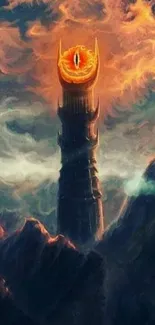 Tall dark tower with fiery cloud backdrop for mobile wallpaper.