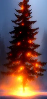 A solitary tree glowing orange in a mystical, foggy forest setting.