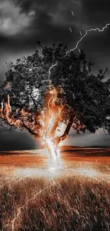 Tree engulfed in flames with lightning in dark field.