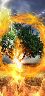 Tree encircled by fire under a lightning sky.