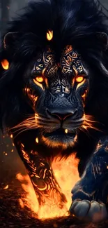 Fierce tribal lion with fiery accents.