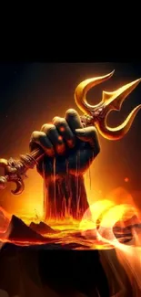 Hand holds golden trident with fiery background.