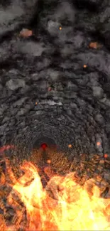 Fiery tunnel with stone texture and bright flames on mobile wallpaper.