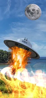 UFO hovering above a beach with fire and moon in the sky.