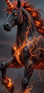 A fiery unicorn with a glowing mane standing in a dark mythical setting.