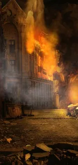 Fiery urban street with flames and smoke at night.