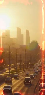 Fiery sunset over city traffic with fiery hues and tall buildings.