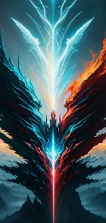 Mystical artwork of elemental wings with fiery and icy accents.