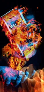 Vintage camera in vibrant flames with artistic flair.