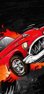 Fiery red vintage car illustration with flames.